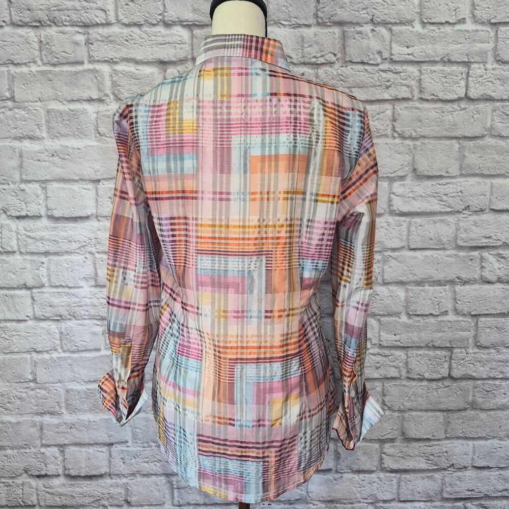 Georg Roth LA Rainbow Plaid Ruffle Front Cotton Blend Button Down Blouse Size M - Picture 6 of 10